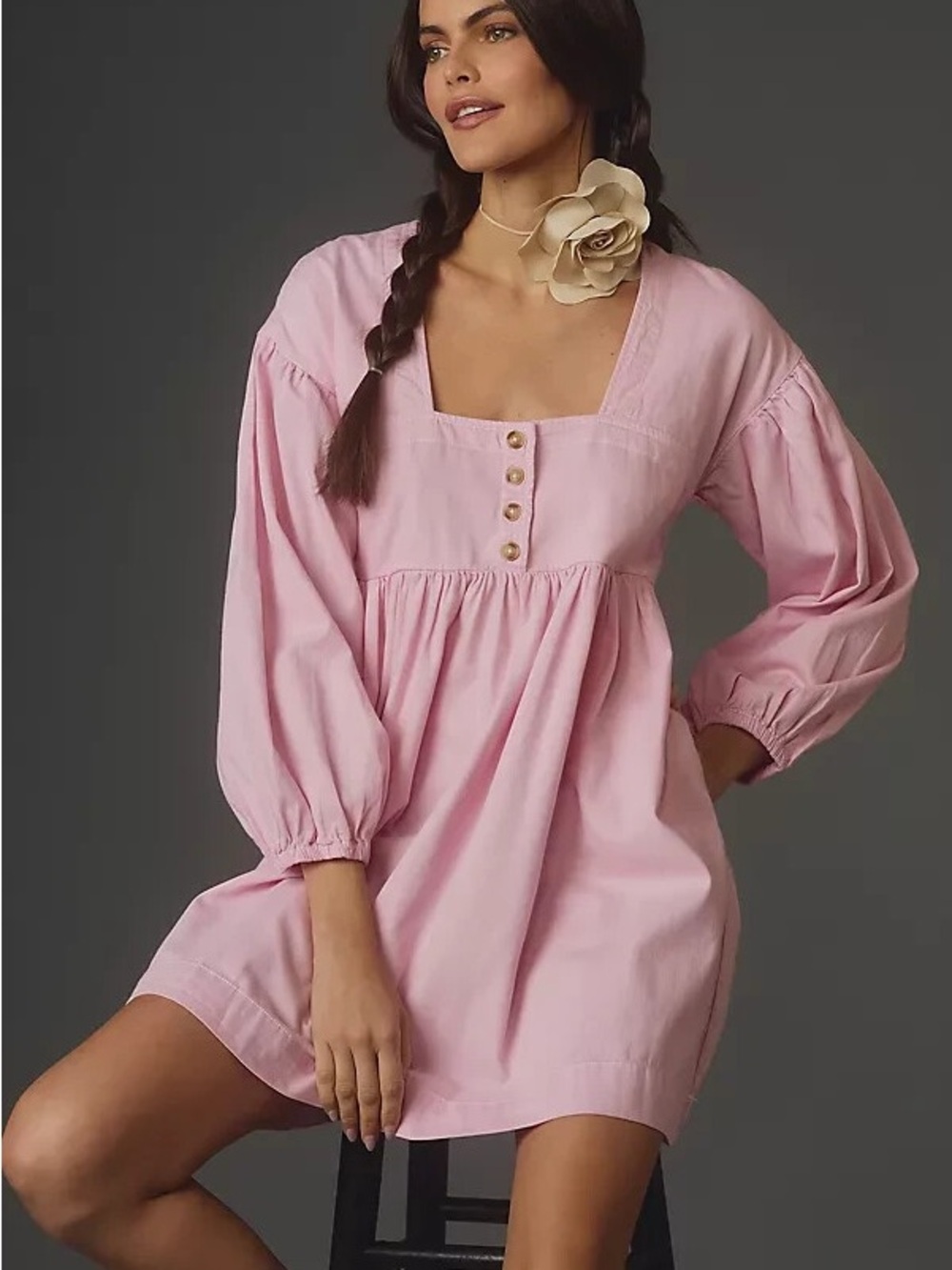 NEW! Anthropologie Long-Sleeve Square Neck Denim Babydoll Pink Mini Dress